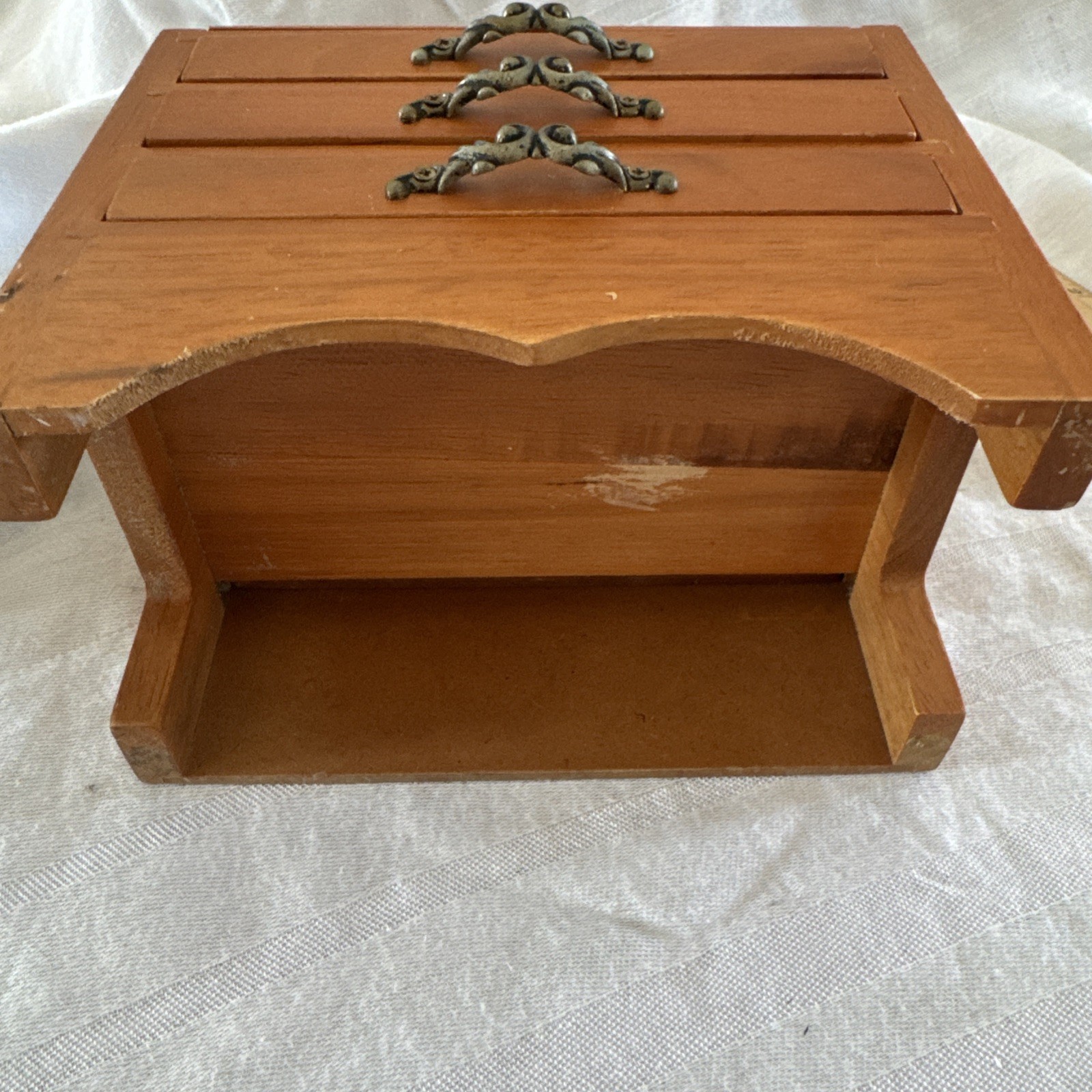 Small Wood Jewelry Box Tilting Mirror 3 Drawer Vanity Organizer Photo Holder 6”