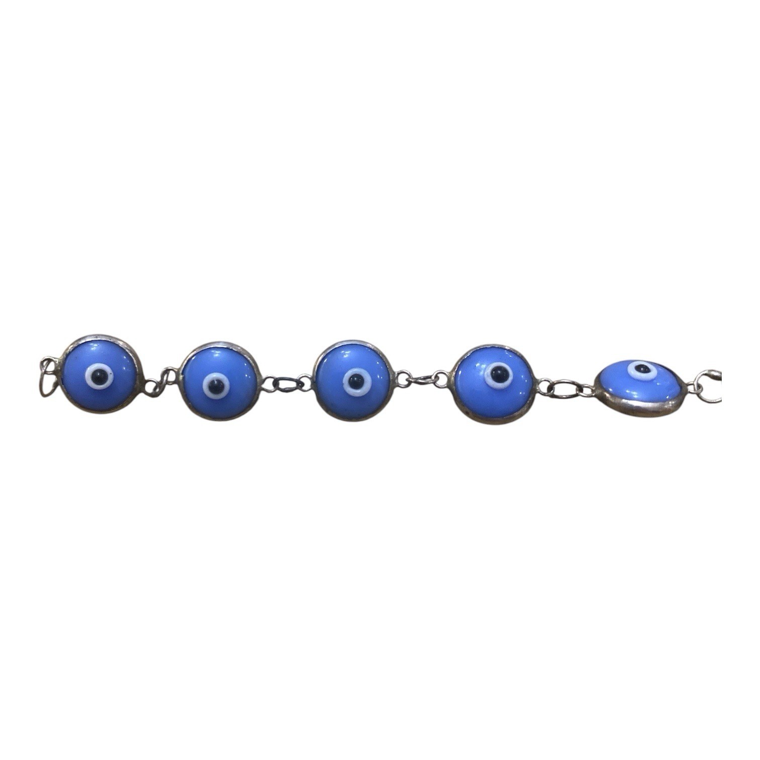 Preowned Sterling Silver 925 Blue Evil Eye Glass Beads Bracelet Sz 19 1/2 Inches