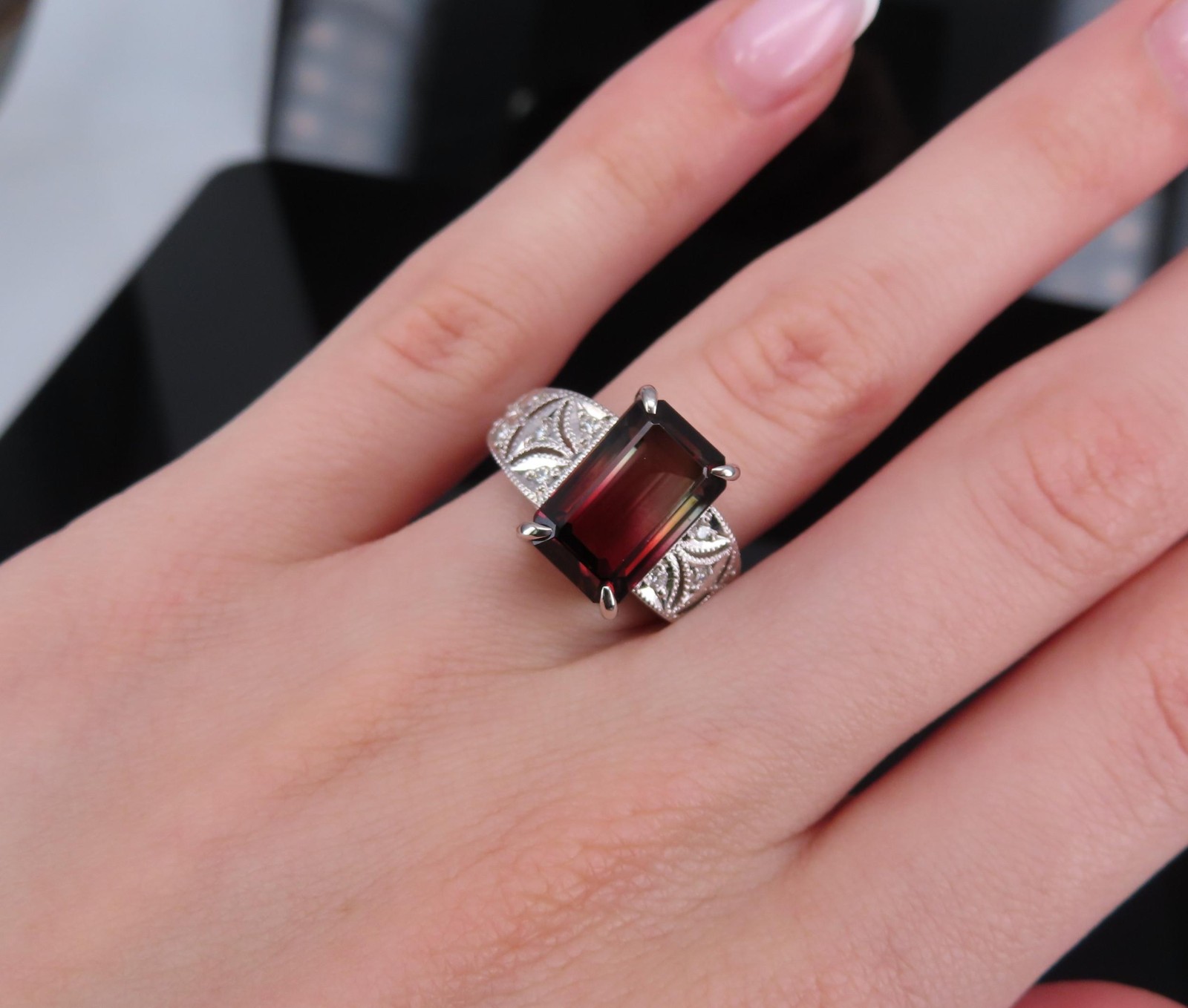 7.16ct Intense Watermelon Tourmaline & 0.15ct Diamond Platinum Ring, Size 7