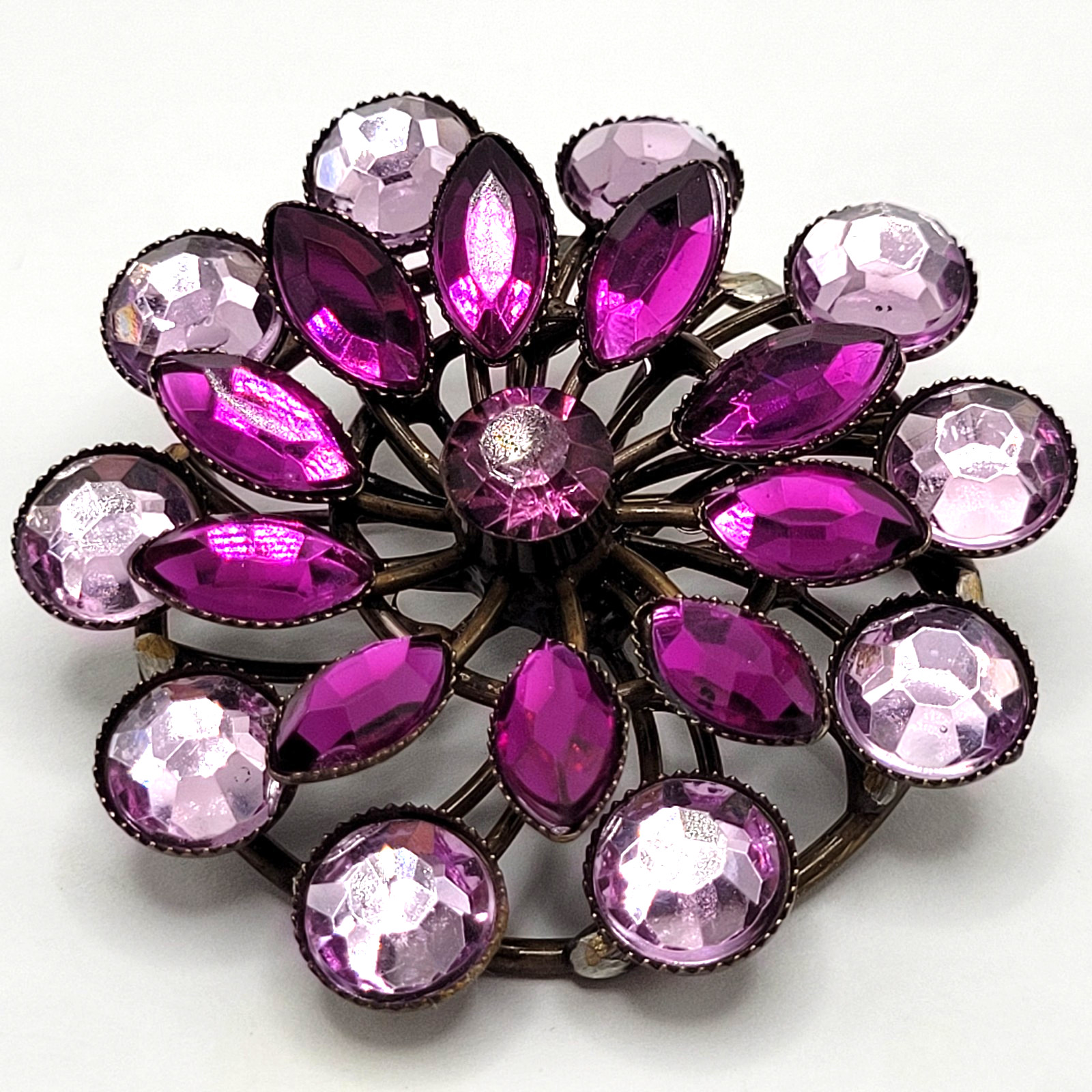 Purple Shades Floral Design Faceted Glass Rhinestone Metal Costume Brooch Pin