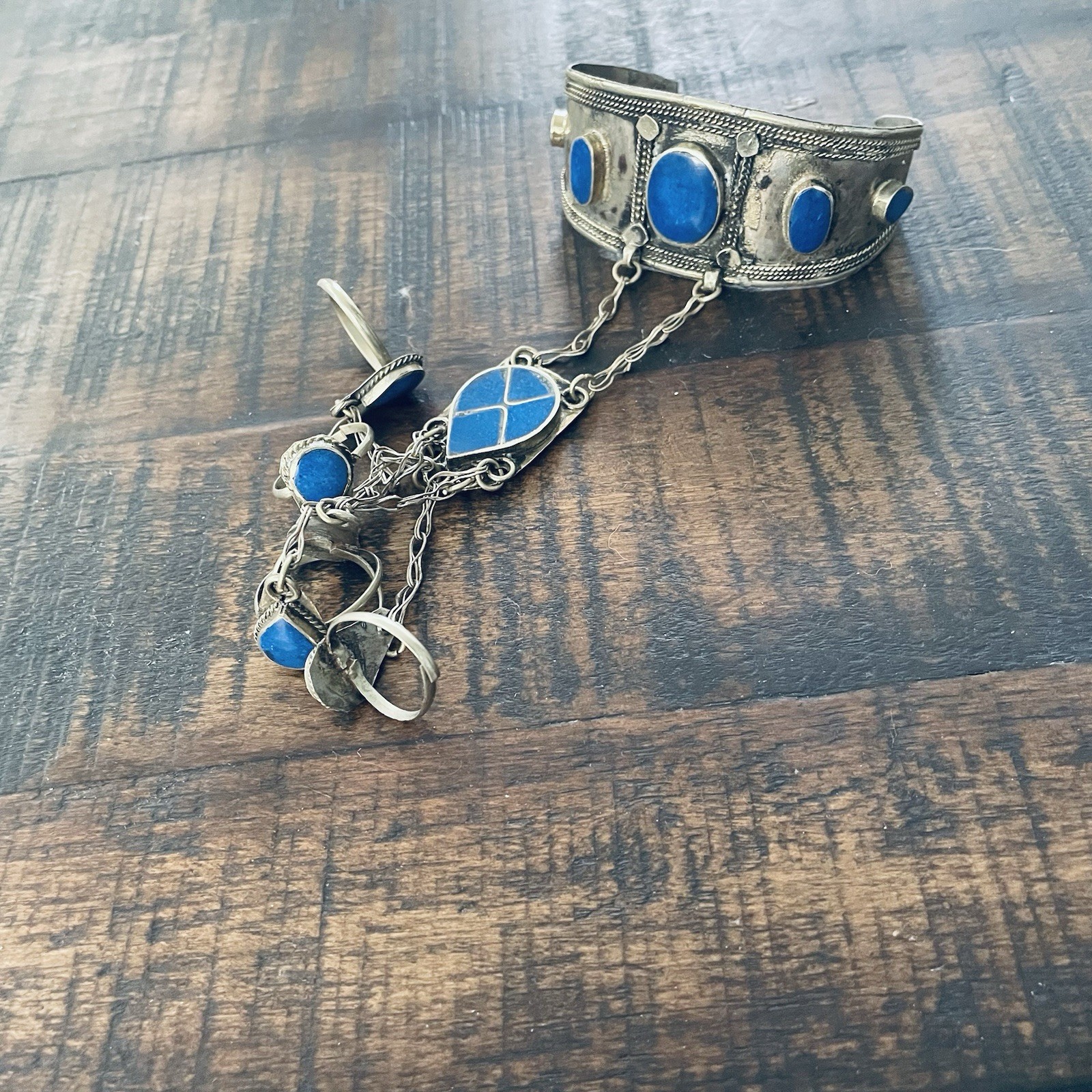 * Vintage Afghan Kuchi Lapis Lazuli Slave Bracelet 5 Finger Ring Panja Cuff 926