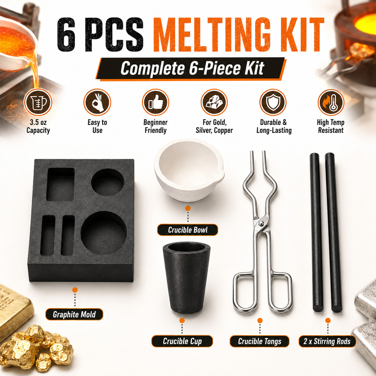 Graphite Casting Refining Kit 6PCS Mold Crucible Set for Gold Silver Copper