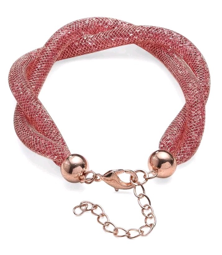 Pink Swarvosky Crystal Twisted Rope Bracelet in Rosetone (9.5-11.5In)