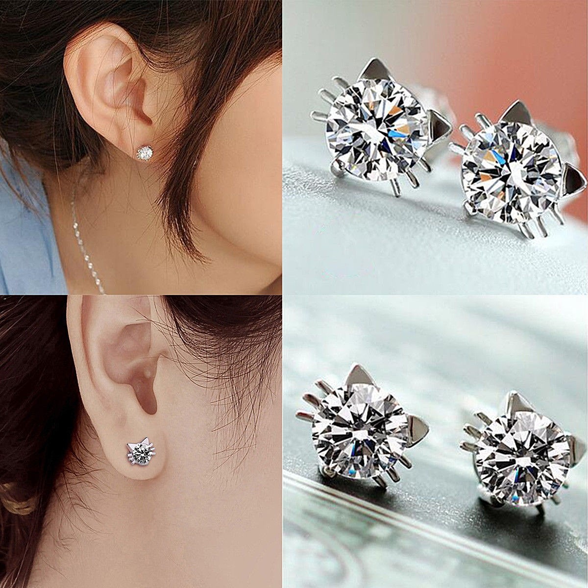 Cat Earrings Solitaire Pierced Stud Kitty Head Whiskers Silver Cubic Zirconia