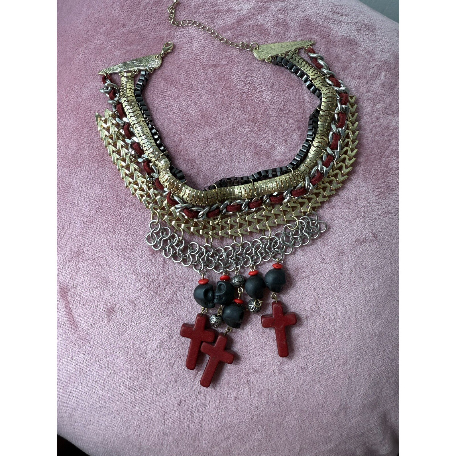 Topshop Silver Gold Black Skulls Cross Stacked Chain Choker Statement Necklace