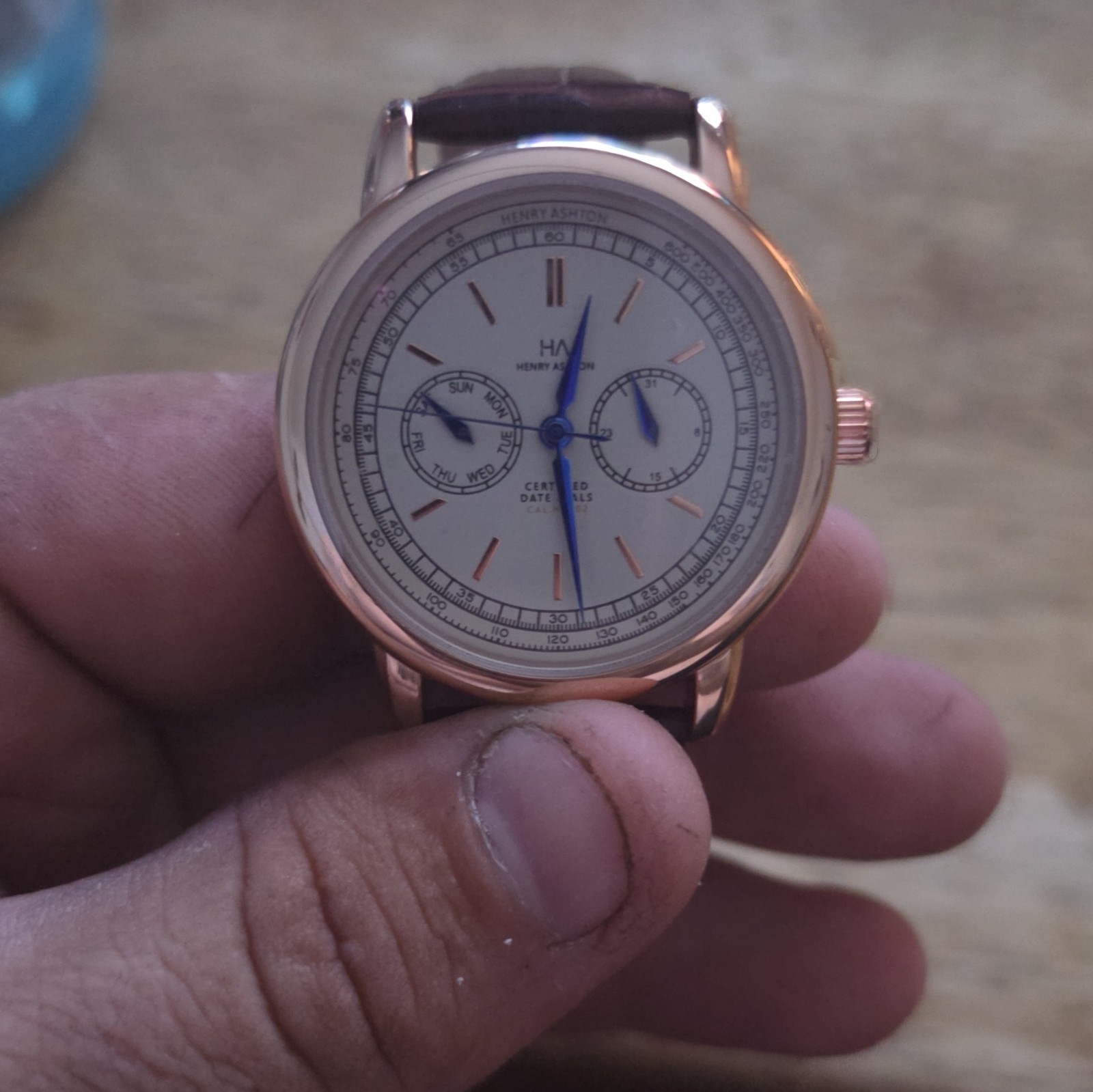 Henry Ashton Men’s Quartz Dress Watch Day/Date 40mm White Dial Brown Leather