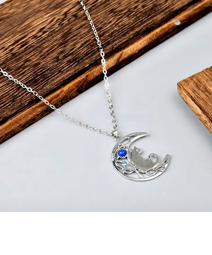 Large CAT CRESCENT BLUE MOON Pendant on 925 Sterling Silver 18″ Necklace women