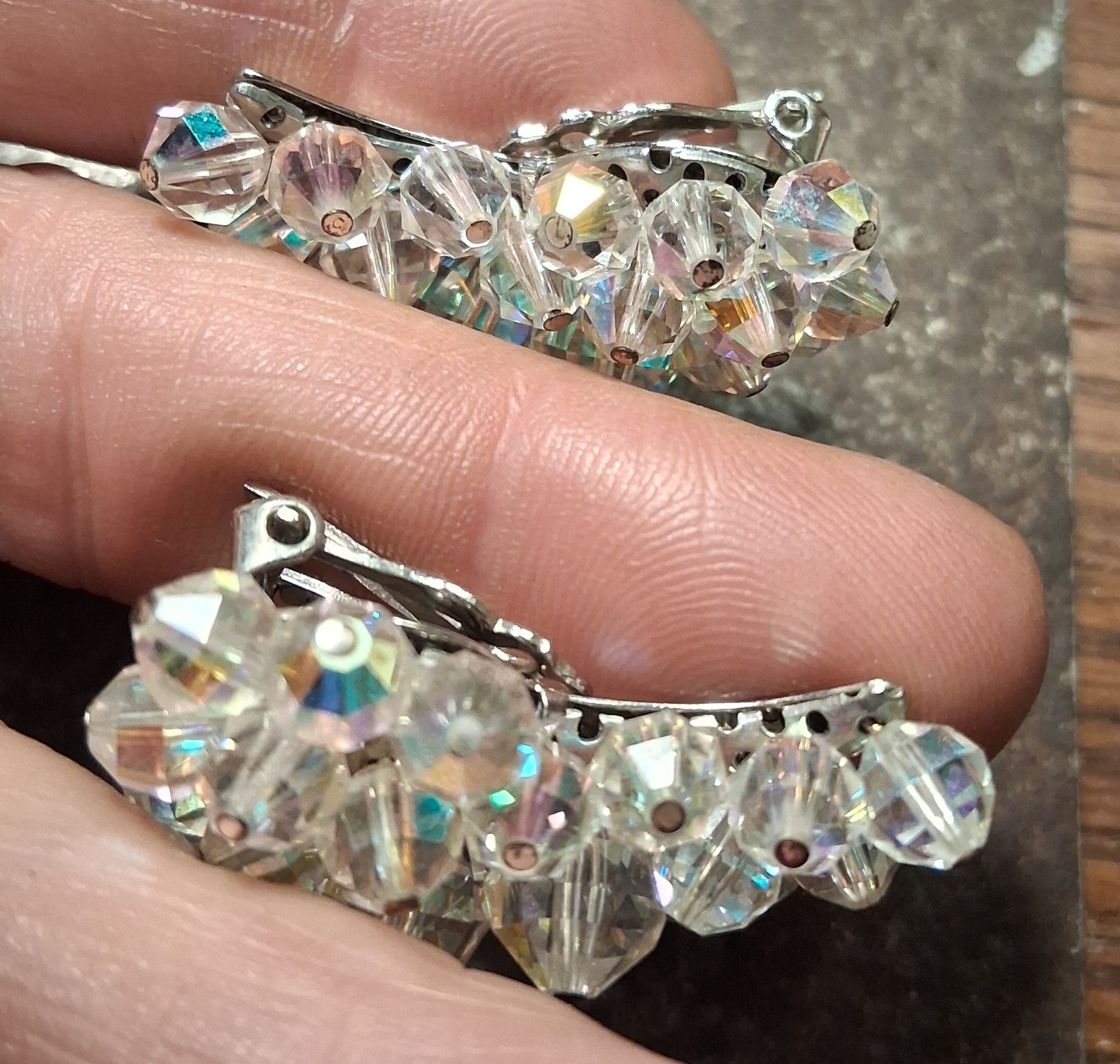 Vtg Crystal LAGUNA Clip Earring Cluster Aurora Borealis Bead Crescent Silvertone