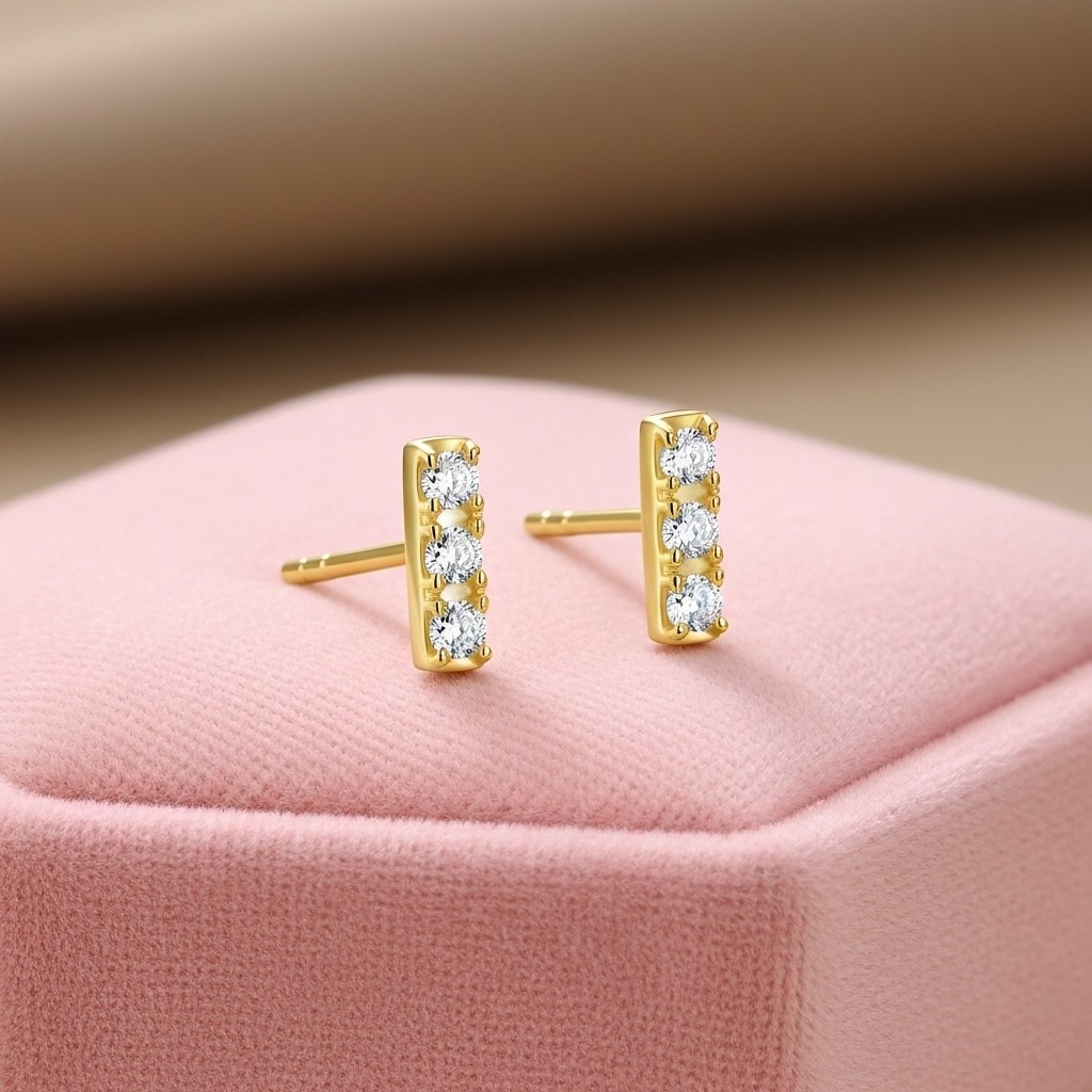 Moissanite Bar Stud Earrings 925 Sterling Silver Gold Plated Gift