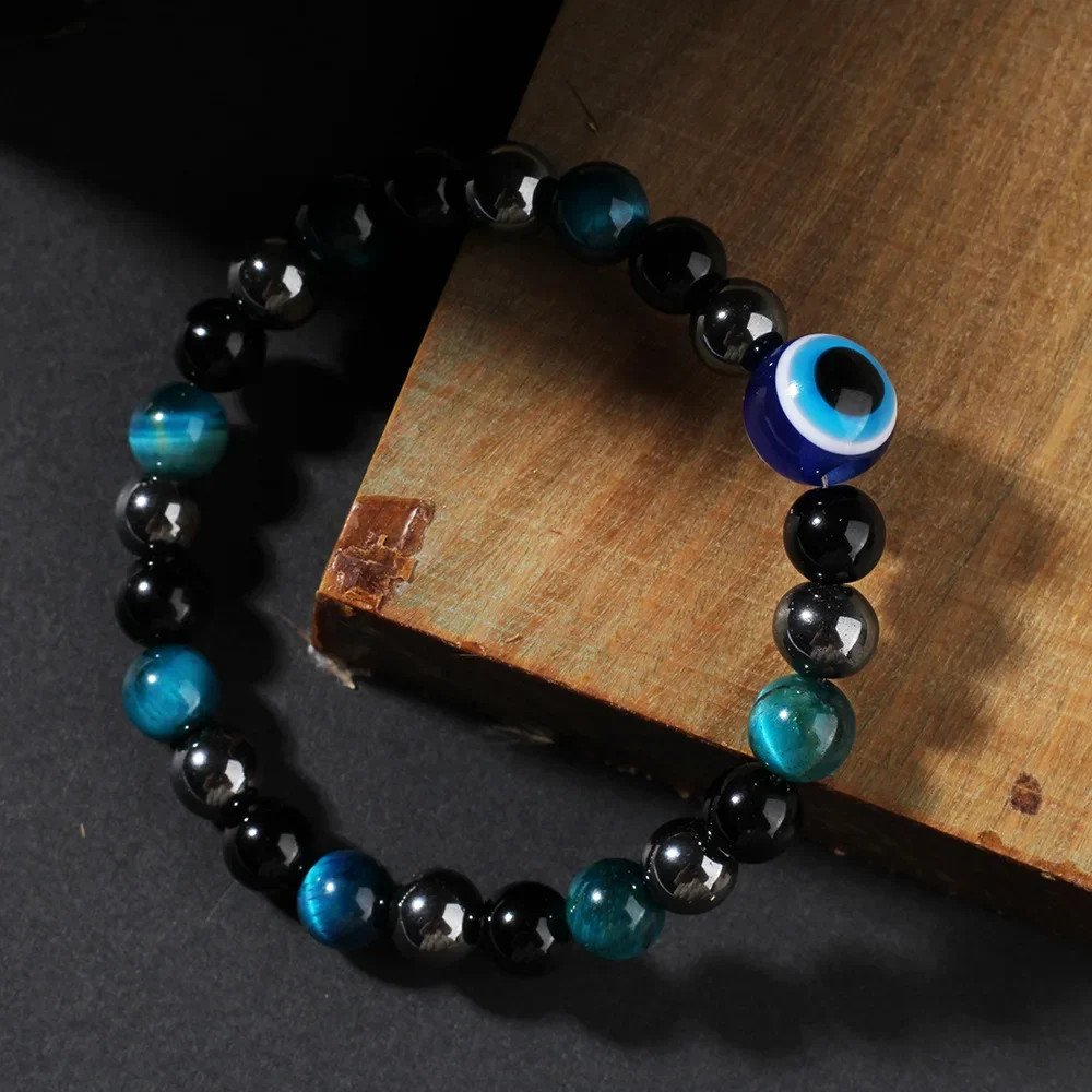 Protection Bracelet,Blue Tigers Eye Black Bile Obsidian Evil Eye Beaded Bracelet
