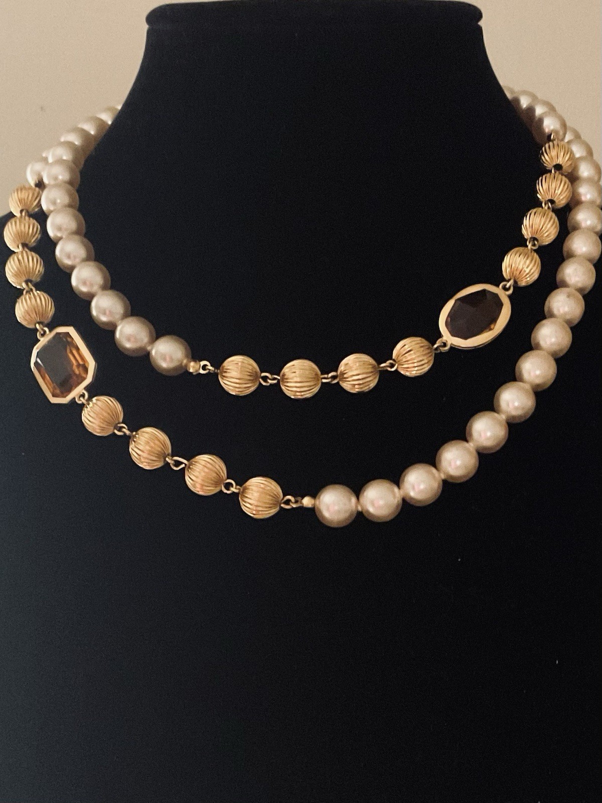 Joan Rivers Gold-tone, Pearl, & Amber Colored Stones Necklace
