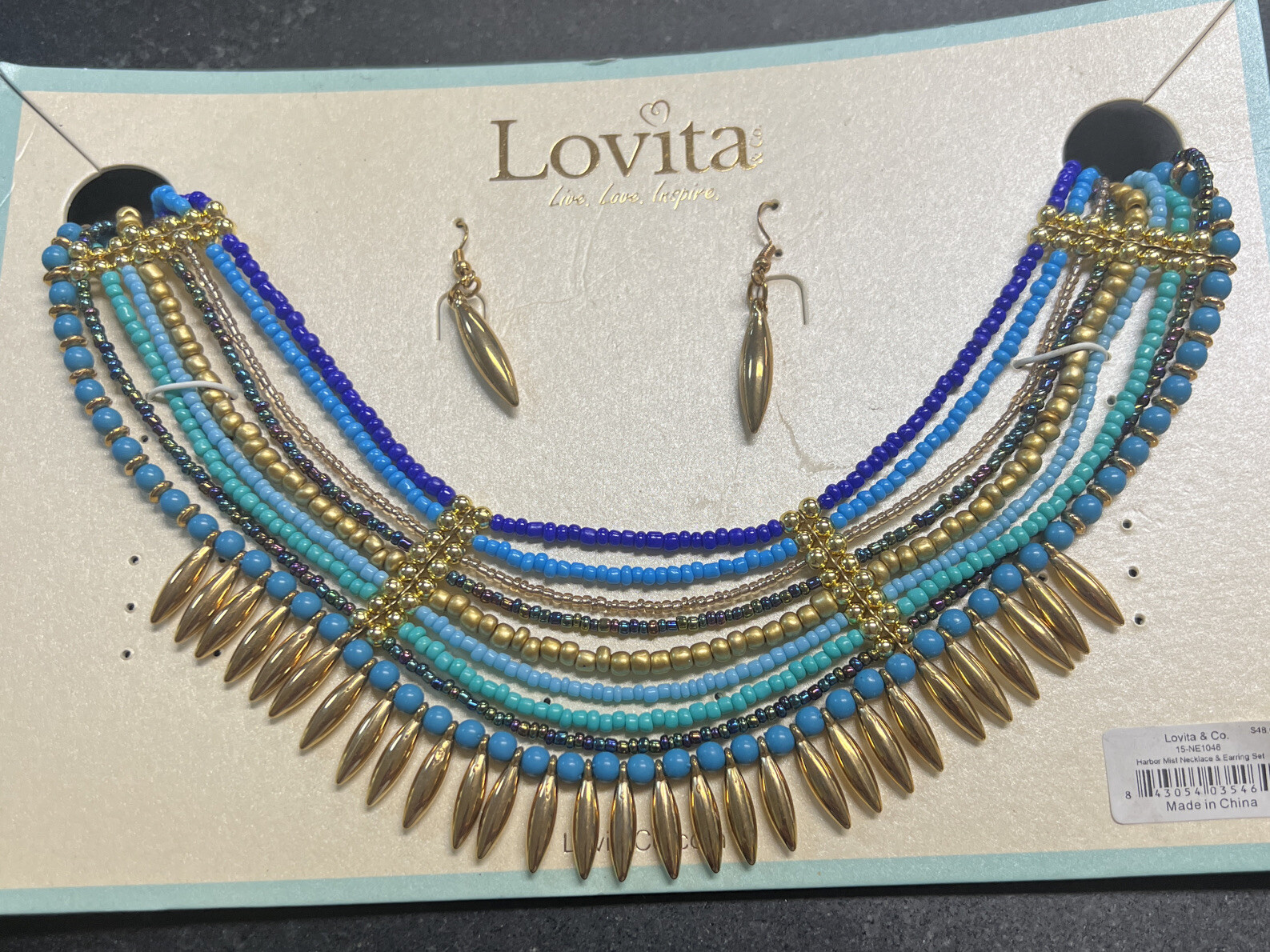 New With Tags Lovita & Co Harbor Mist Beaded Necklace & Golden Earring Set