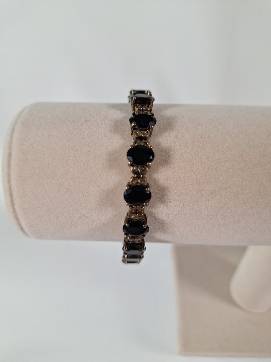 925 Antique Gold (Brass?) Plated Dark Blue Sapphire Tennis Bracelet 8″