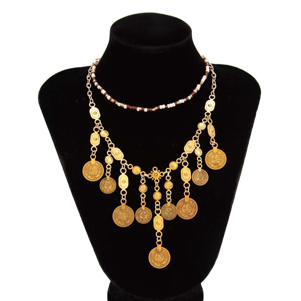 Layered Coin Pendant Necklace for Women, Gold Beaded Boho Statement Necklace,…