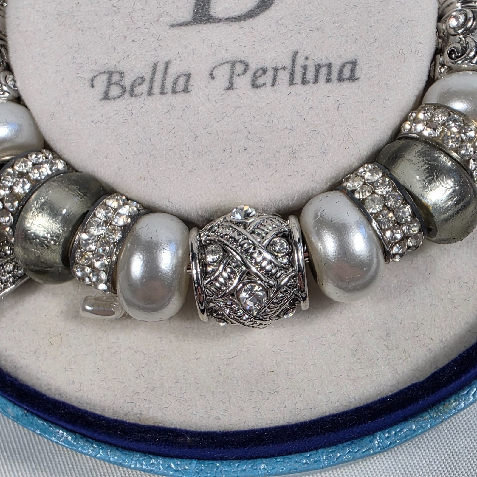 Bella Perlina Silver-Tone Charm Bracelet White Pearl Beads Crystal Accents NEW