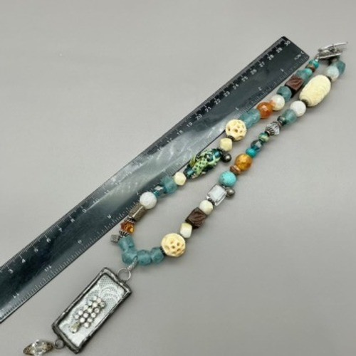 Mixed Bead Necklace Womens Teal Boho Artisan Lace Pendant Toggle Clasp 21 Inch