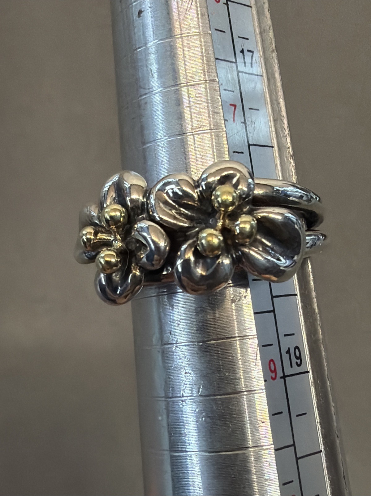 Ann King Sterling Silver 18K Gold Double Flower Ring Band Sz 8 A134