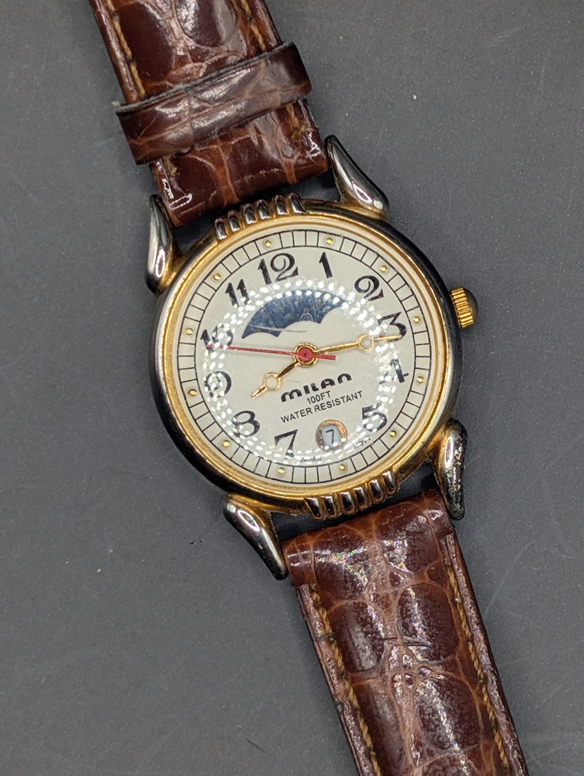 Milan Advance Moon Phase Date Quartz Watch Brown Leather Band 100FT Water Resist