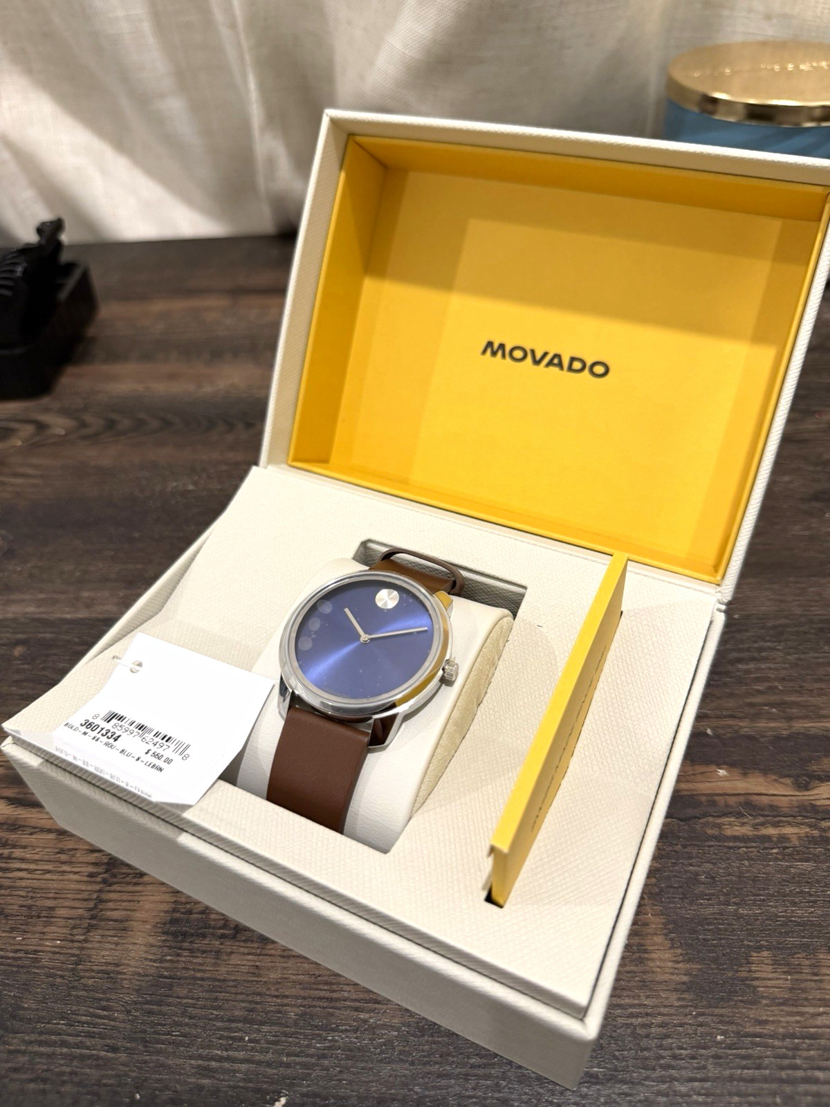 Movado bold 3601334 Blue Dial Brown Leather Strap Watch w/ Box