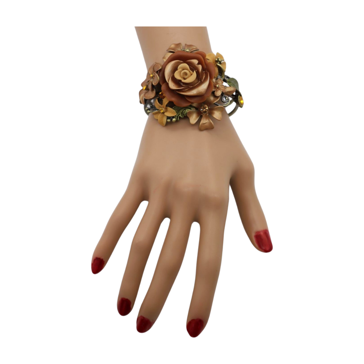 Women Antique Gold Metal Beige Brown Rose Flowers Cuff Bracelet Fashion Jewelry