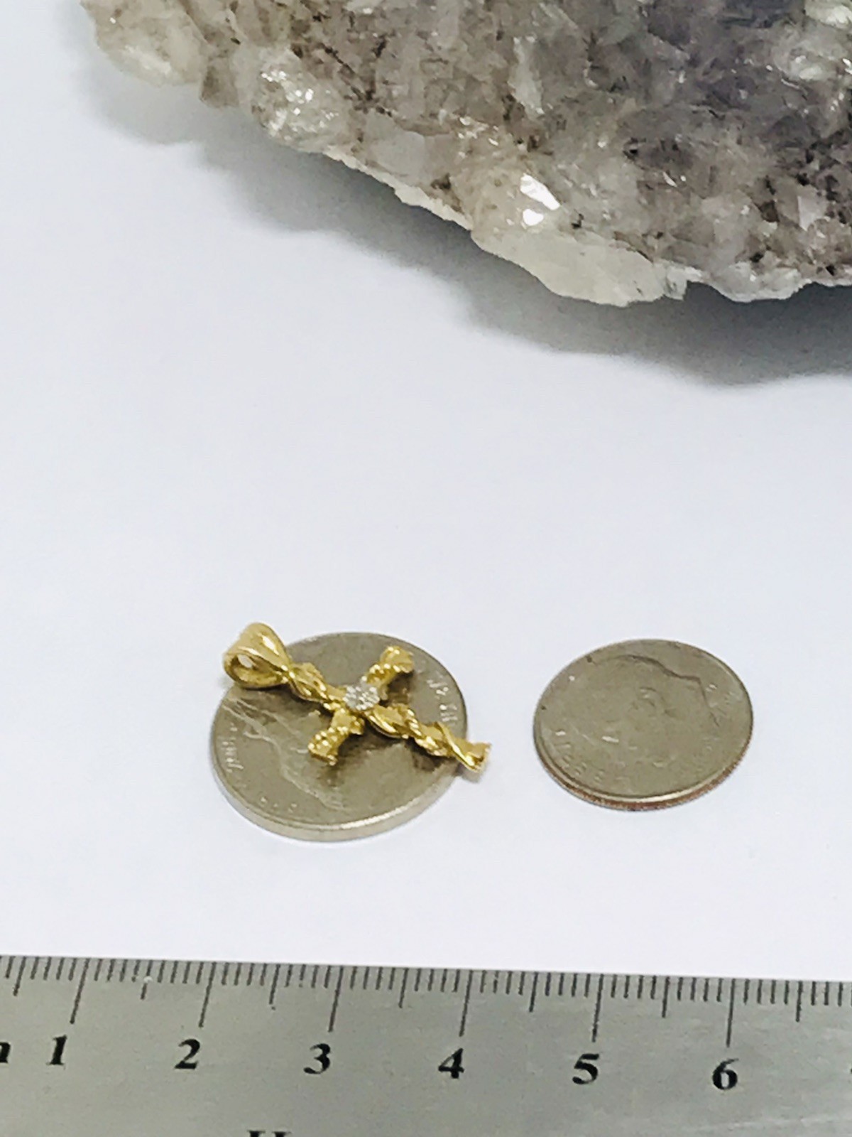 14K Yellow Gold Cross Pendant And White Gold Accent Diamond Chip Accented Center