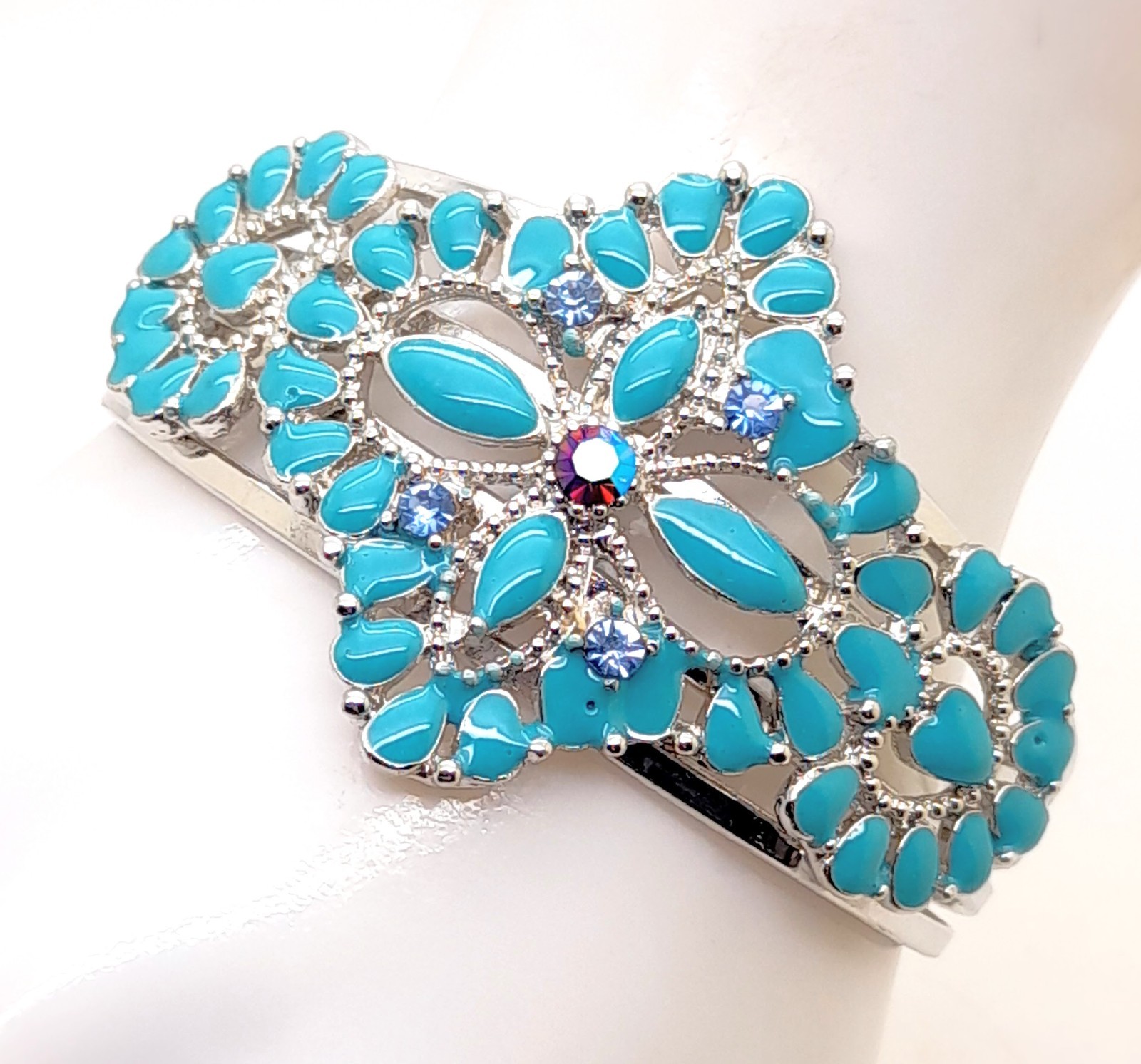 Modern style Silver Tone Metal 1.75″ Wide Cuff blue enamel fashion Bracelets
