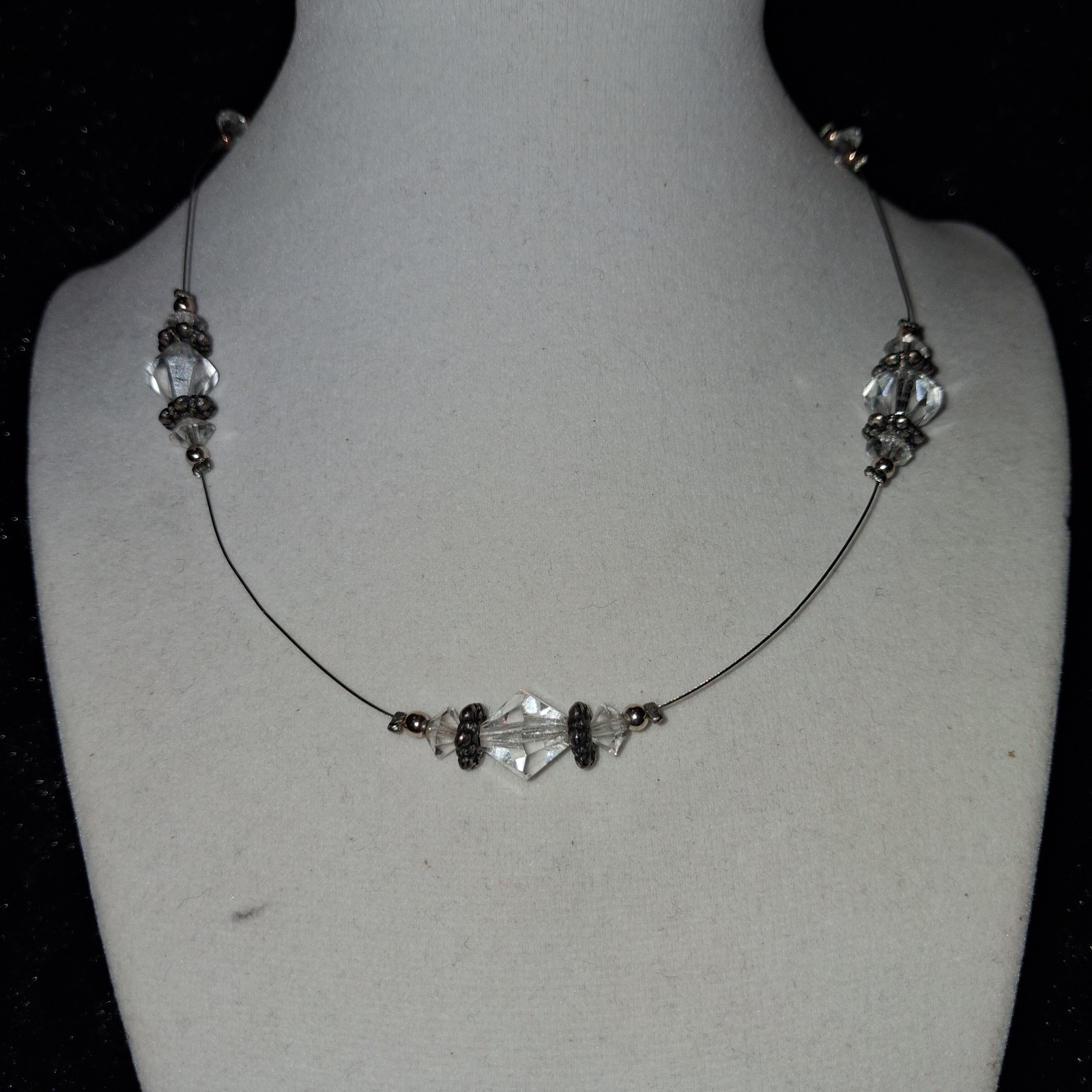 Silver Tone Wire Chain Necklace Clear Crystal Bicone Beads Lobster Clasp