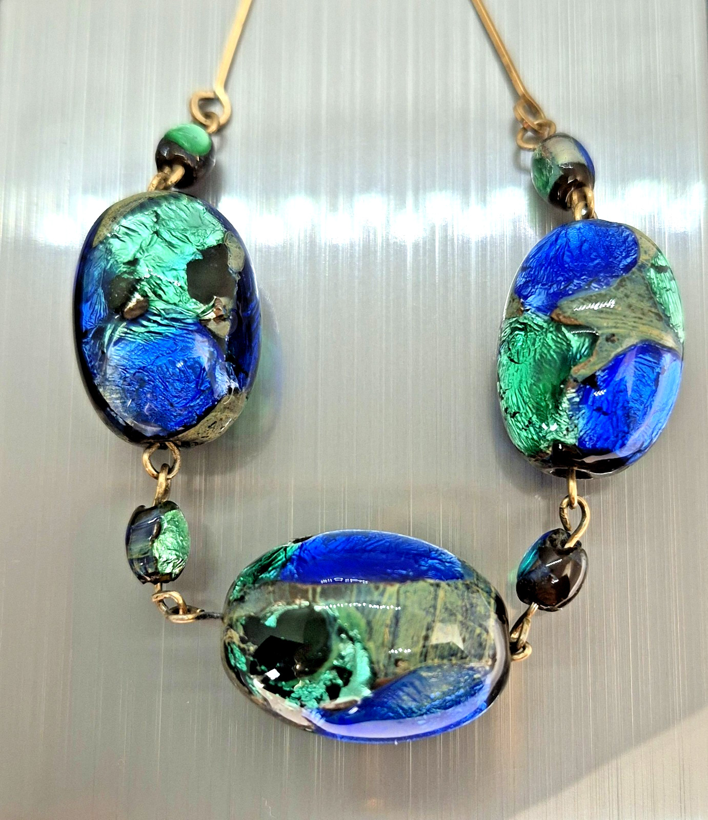 Vintage Art Deco Venetian Green, Blue & Black Foil Glass Bead Necklace 18″