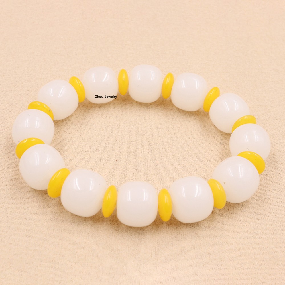 New Chinese White Jade 14mm Barrel Bead Elastic Bracelet Fit Wrist 15-17cm