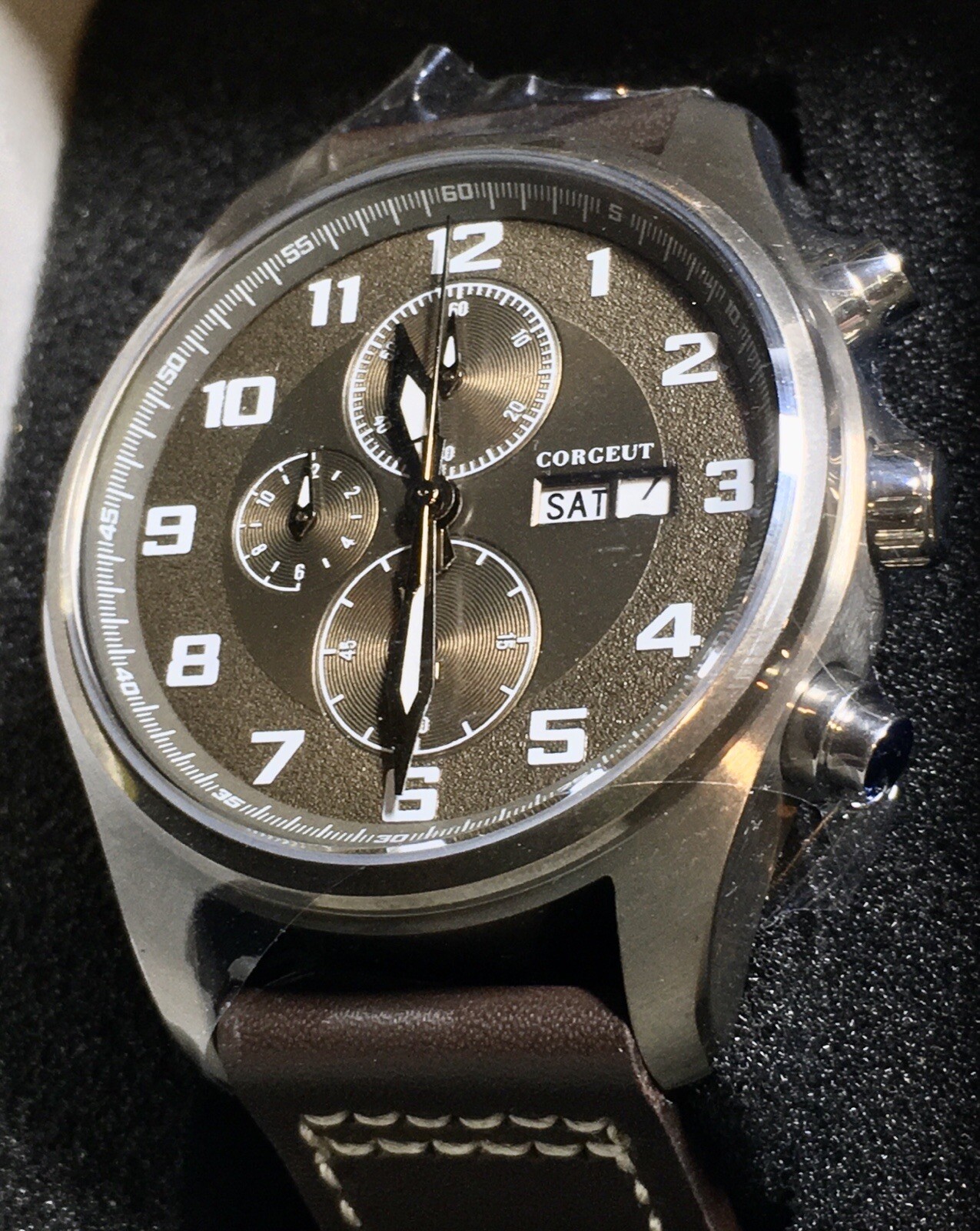 CORGEUT BRONZE DIAL CHRONO WATCH STAINLESS STEEL DAY DATE QUARTZ PILOT WATCH NEW