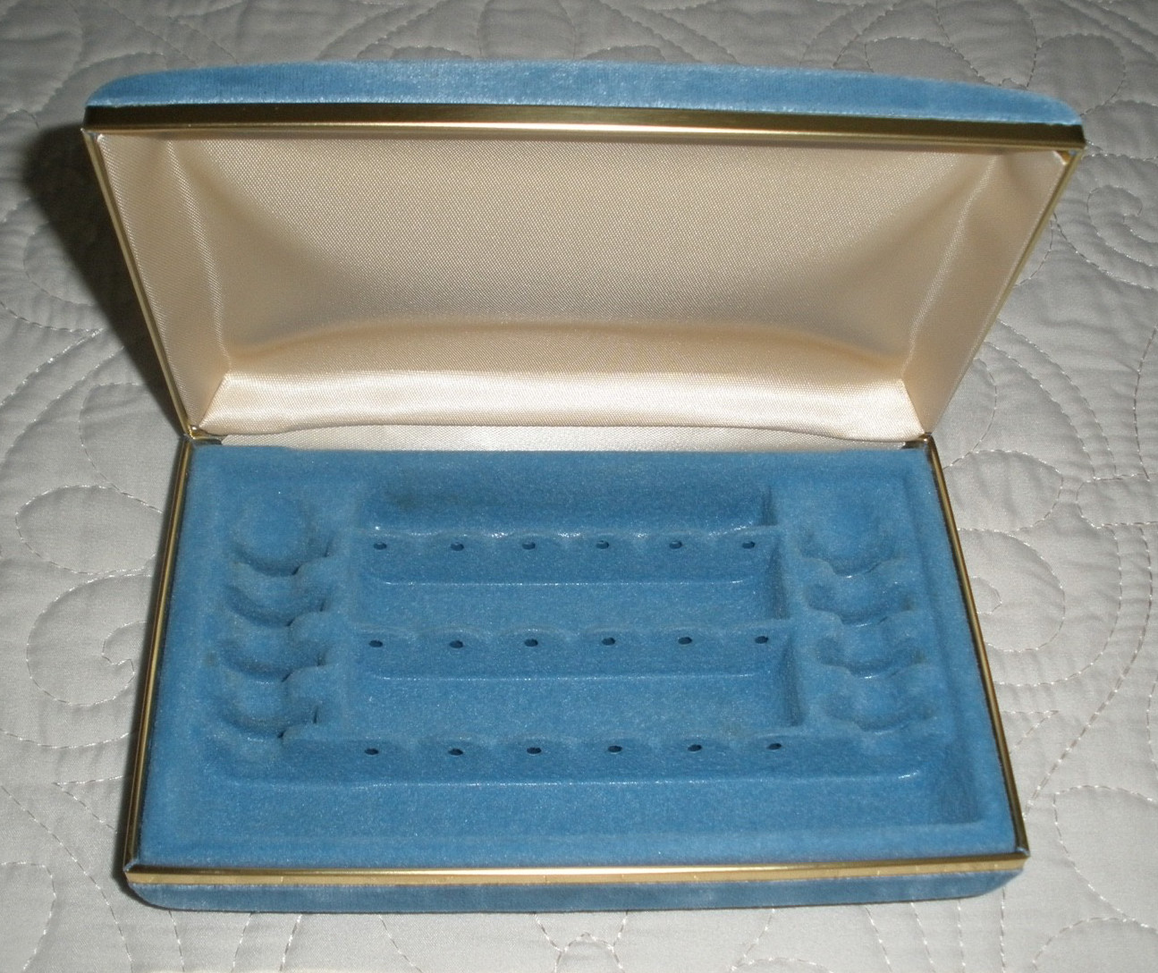Vintage Small Jewelry Case Blue Velvet Cover Gold Tone Metal Hinge Top