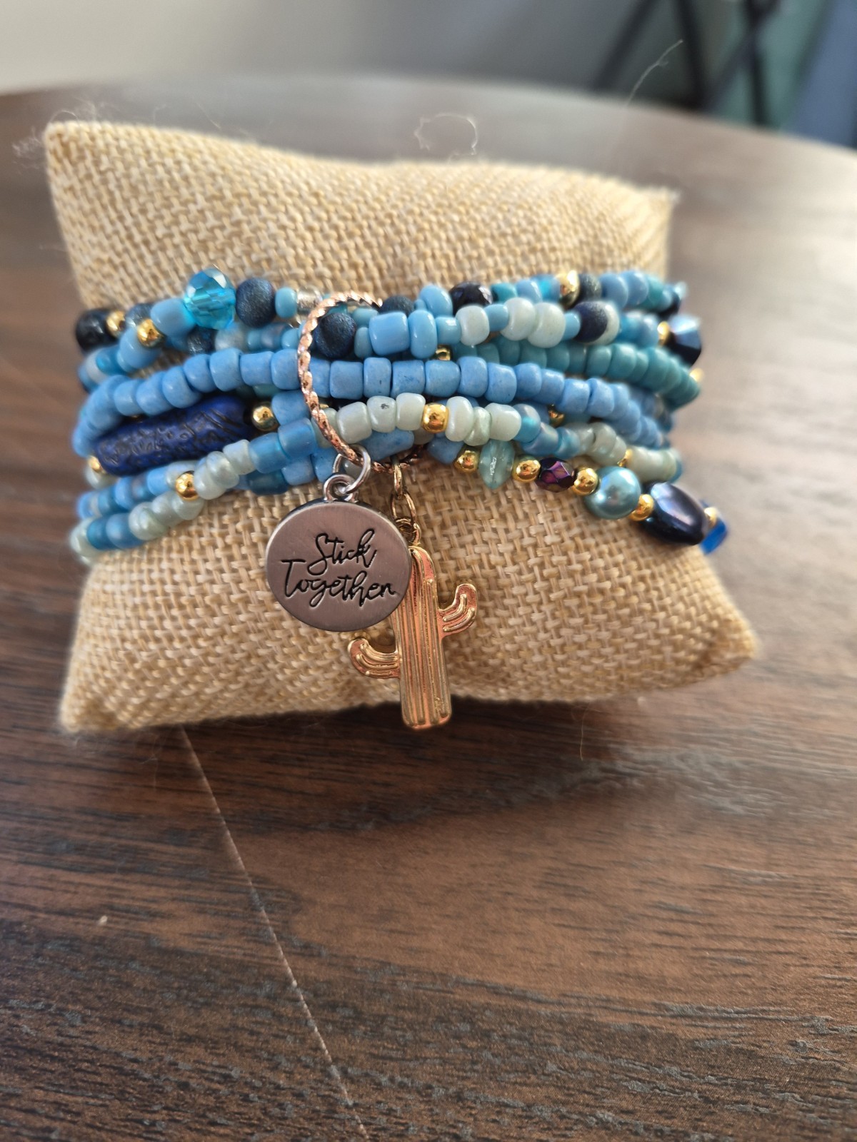 Blue Multi-Strand Beaded Wrap Charm Bracelet “Stick Together” Dangle, Stackable