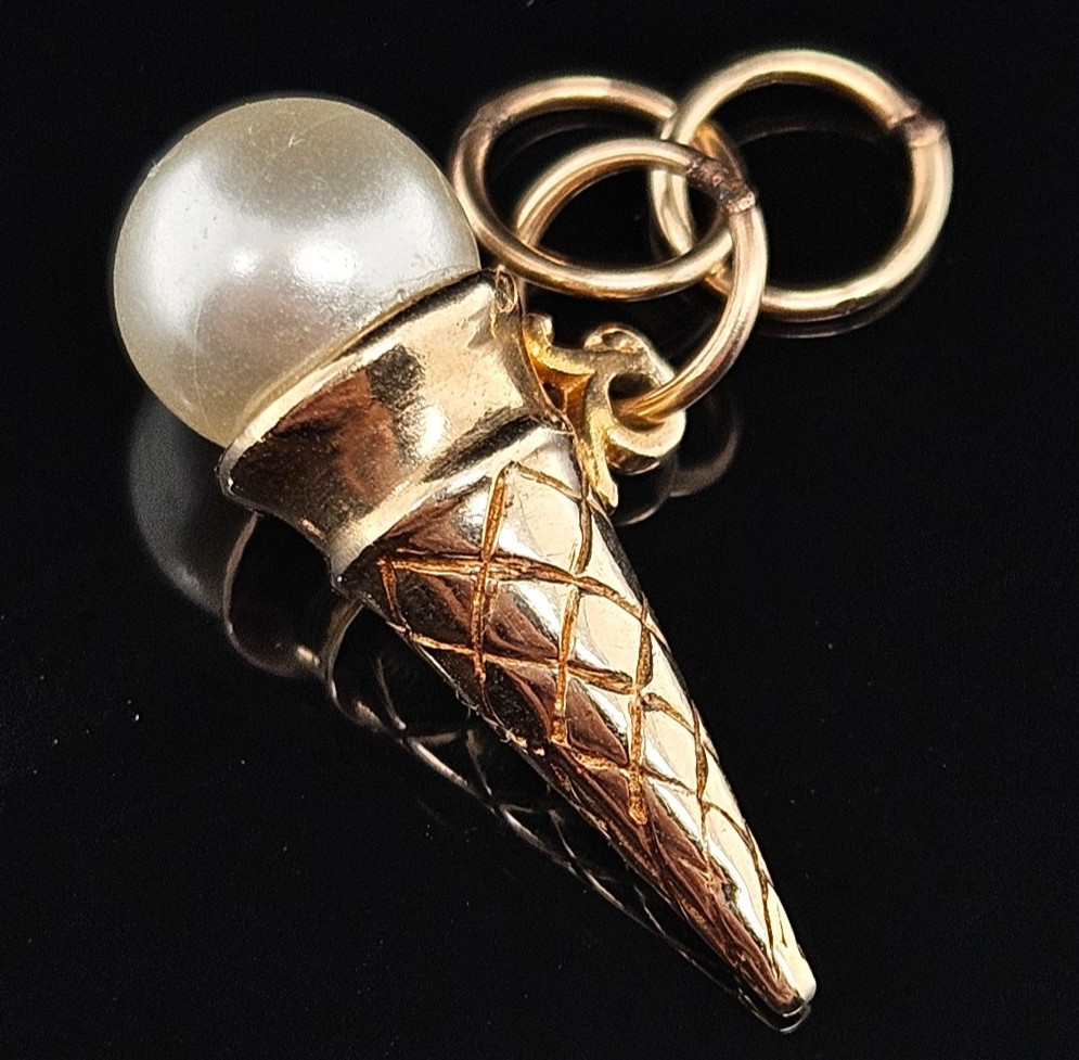 14K Gold PEARL ICE CREAM CONE Charm Pendant 3D Vanilla Vintage