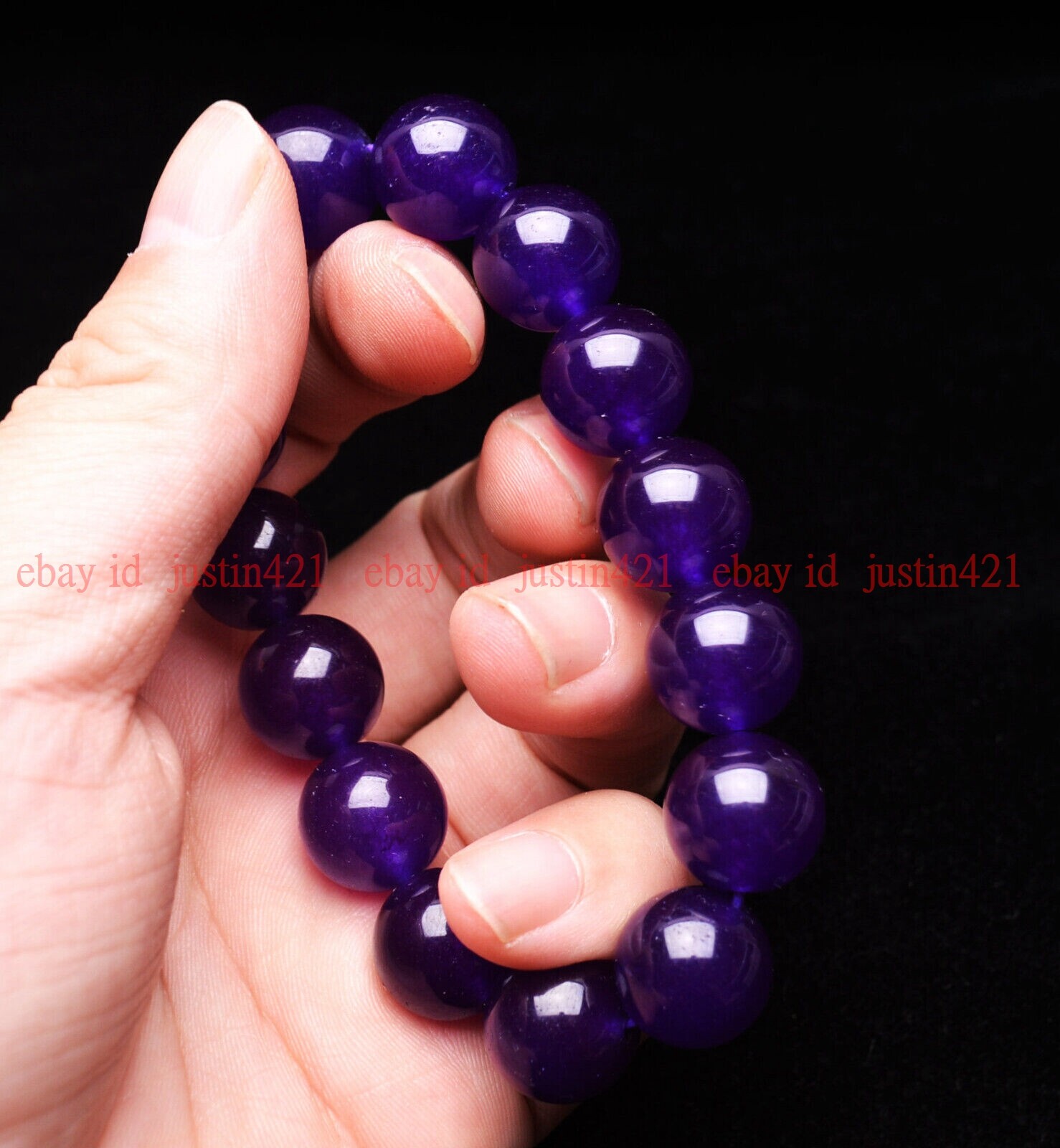 Natural 14mm Purple Jade Round Gemstone Beads Elastic Bracelet 7-9″ AAA+