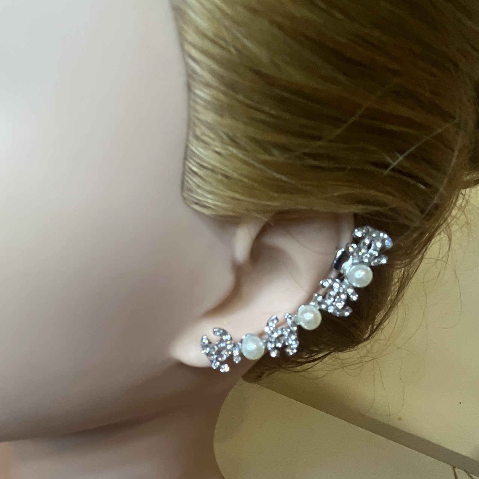 Fashion Jewelry Silver Tone Rhinestone Pearl Ear Cuff Climber Earrings