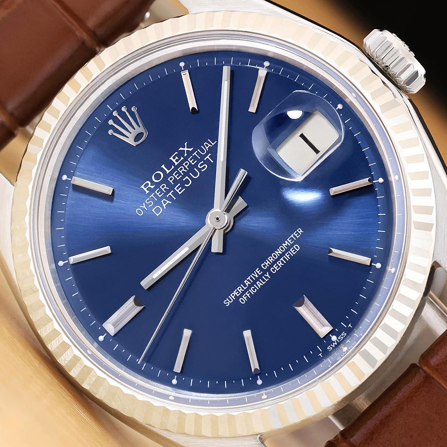 ROLEX MENS DATEJUST 1601 BLUE DIAL 18K WHITE GOLD STEEL WATCH w/ LEATHER BAND