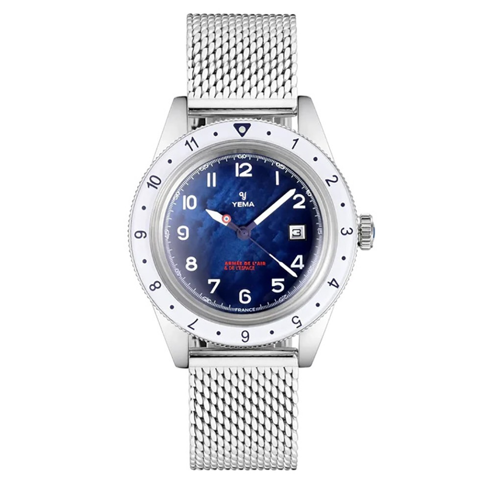 YEMA Flygraf Quartz Steel Mesh Leather Date Mother of Pearl Blue Women’s Watch
