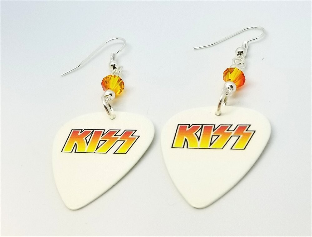 Kiss Logo Guitar Pick Earrings with Orange Swarovski Crystals