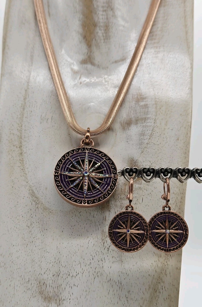 Kirks Folly Mystic Iridis Seaview Moon Compass Pendant Earrings Necklace 3pc set