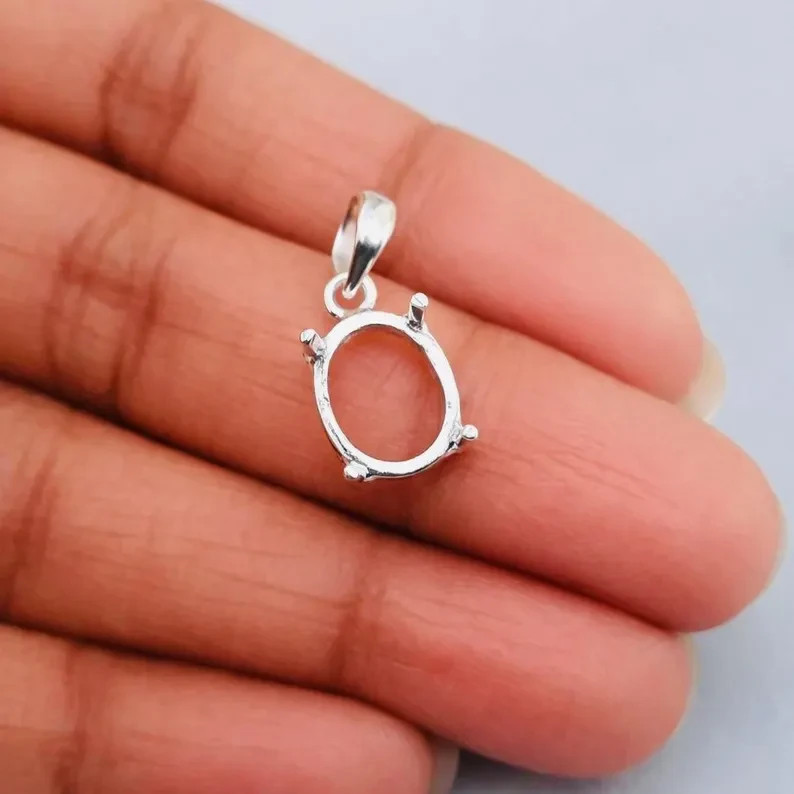 925 Sterling Silver 10x12mm Oval Prong Pendant Setting Handmade DIY Jewelry