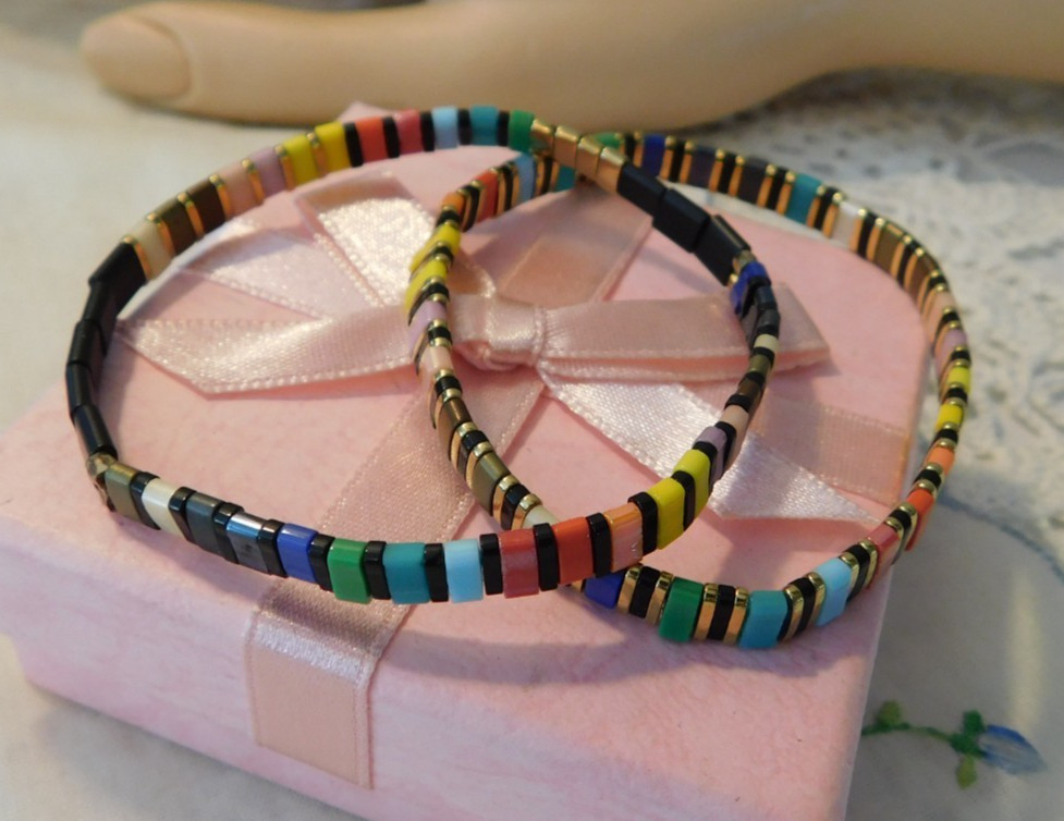 Tila Miyuki Colorful Rainbow Tile Stretch Bracelets Set of Two