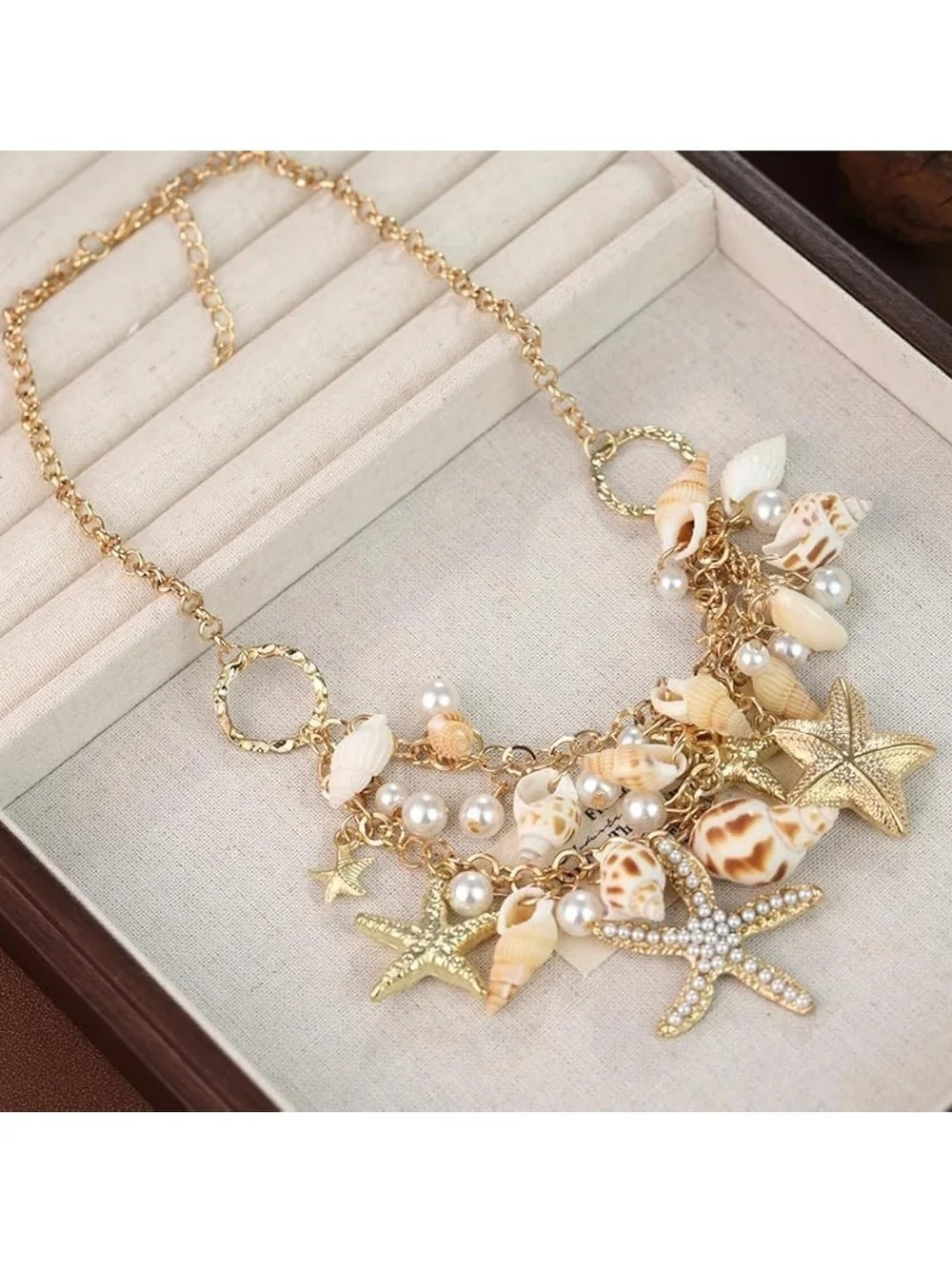 Gold Tone Shell & Pearl Starfish Charm Statement Necklace, Adjustable