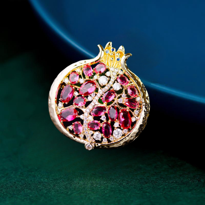 Gold Plated Red Cubic Zirconia CZ Pomegranate Fruit Brooch Pin