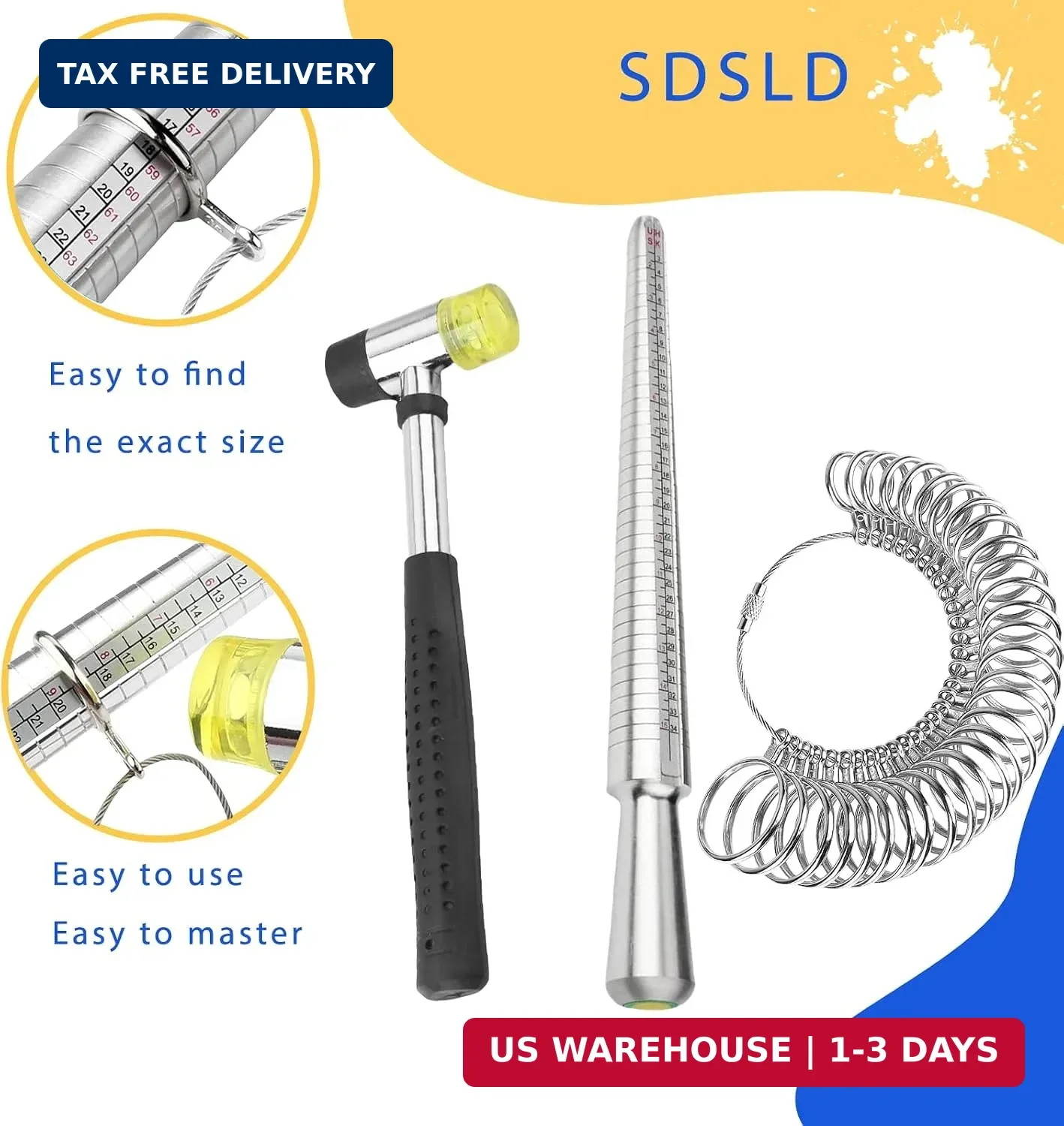 SDSLD Ring Mandrel Metal Ring Sizer Measuring Tool & Rubber Jewelry Hammer Ring