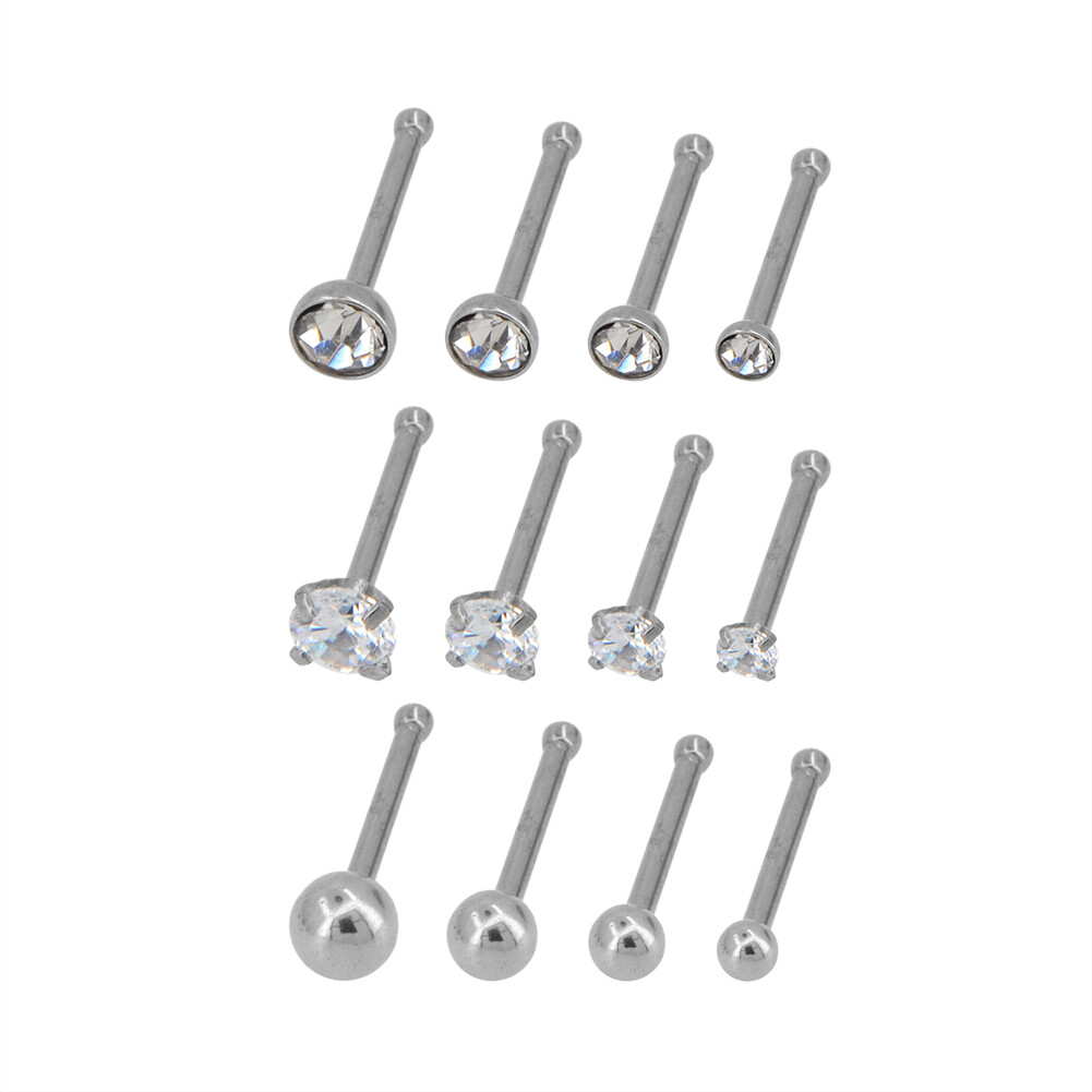 12 – 20 Gauge Steel Nose Rings Barbell CZ Stone 1.5mm 2mm 2.5mm 3mm Studs