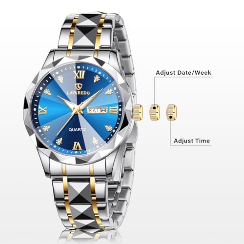 Mens Watches Stainless Steel Waterproof Luminous Date Two Tone IntervalBlue