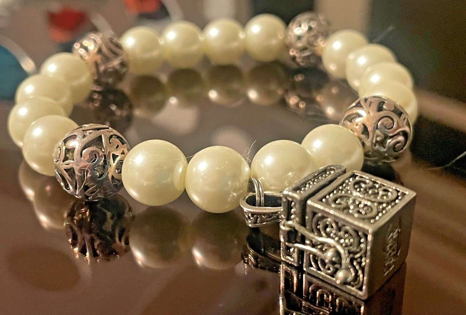 Vintage Alexa’s Angels Prayer Box opens dangle Charm Beaded Bracelet ornate ball