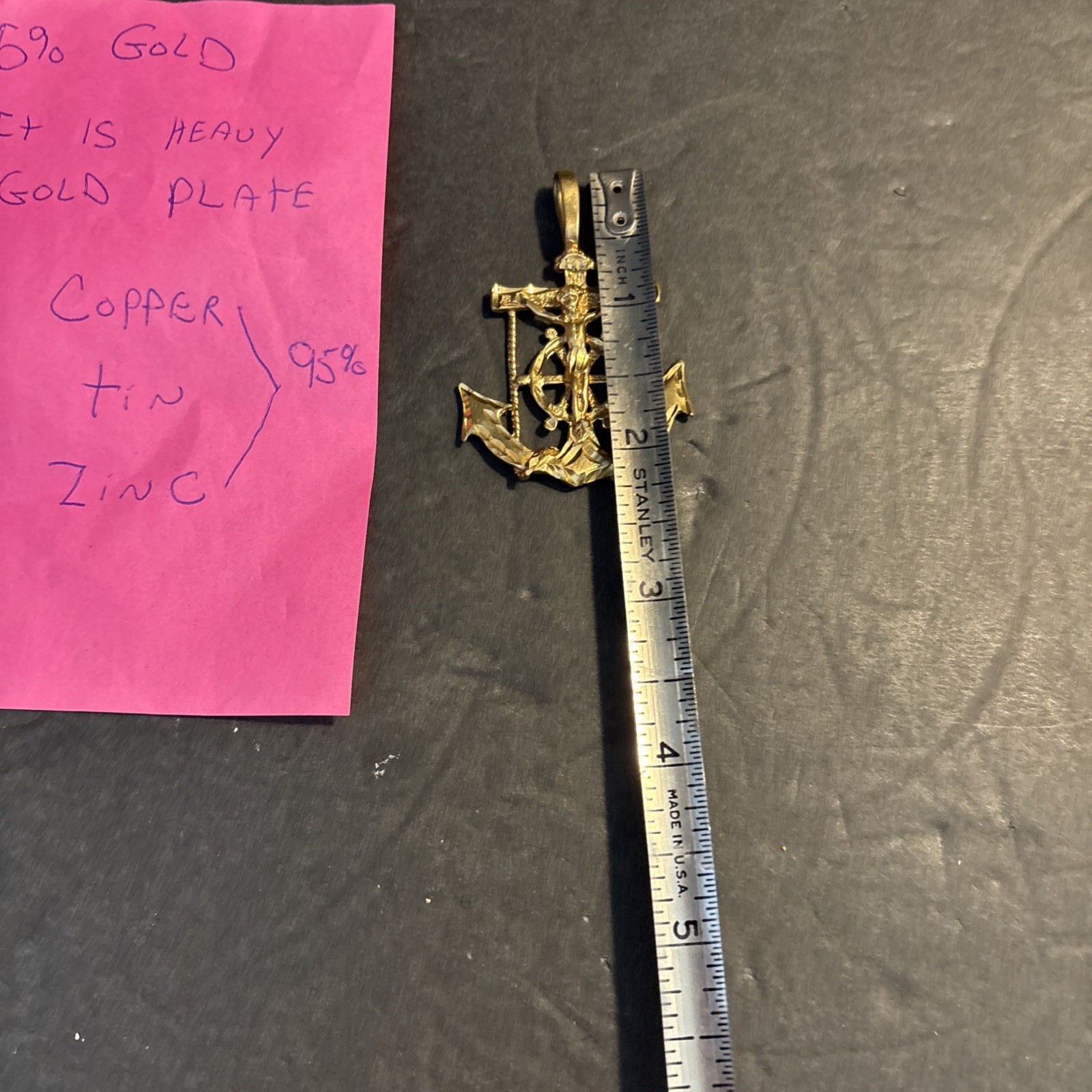 Gold Mariners Cross Crucifix Anchor Pendant Heavy Gold Plate 5%gold Read