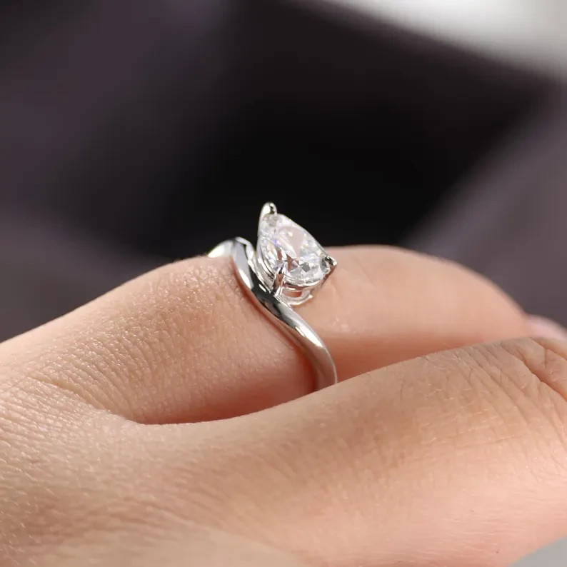 14K White Gold Pear Cut Lab Grown Diamond Solitaire Style Engagement Gift Ring