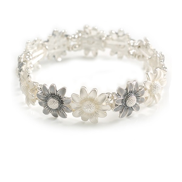 Pastel White/Grey Enamel Multi Daisy Flex Bracelet in Light Silver Tone – 20cm